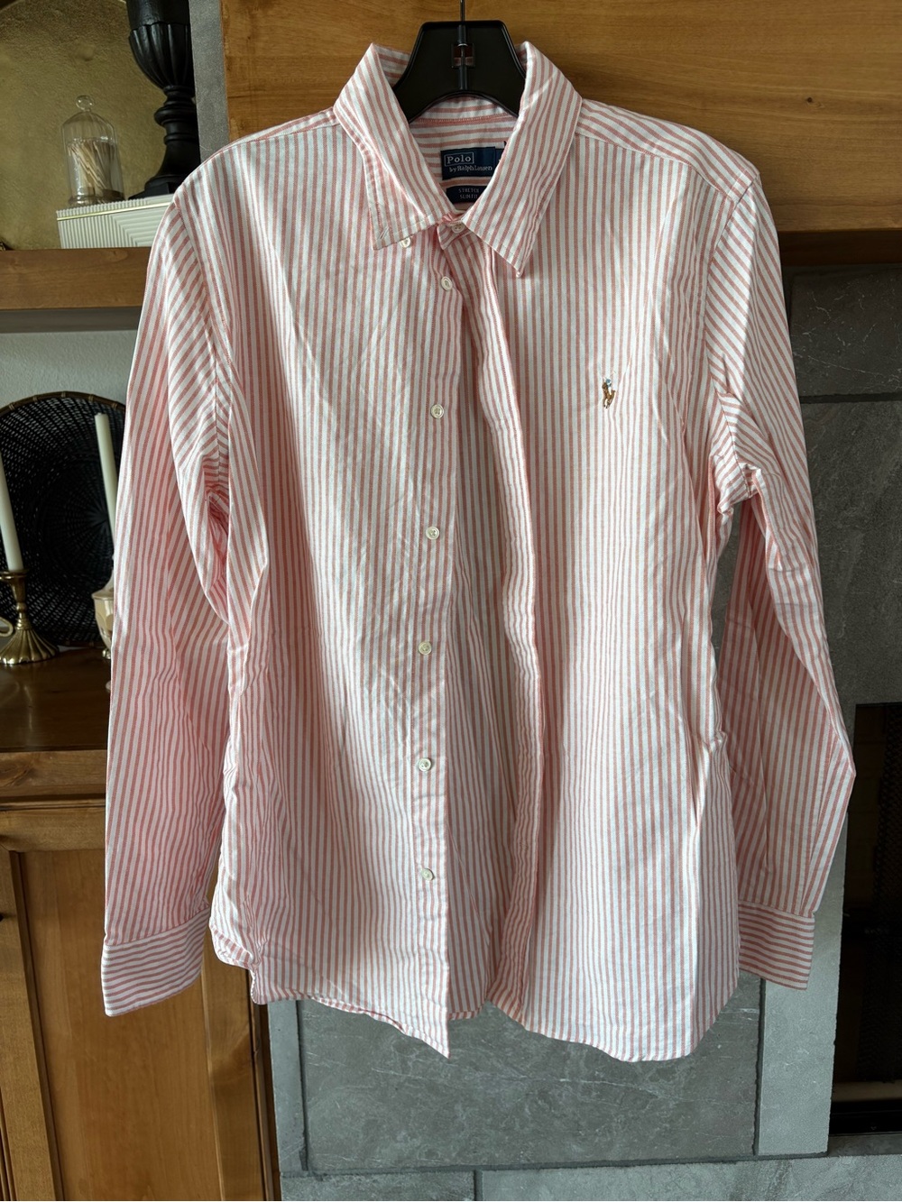 Ralph Lauren Peach & White Vertical Stripe Button-Down Shirt stretch slim fit
